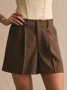 MUSERA Low Waist Tailored Button Shorts Spring Summer Cosy Cute Daily Girly Vacation Spring Outfit Casual Casa De Muse Holiday - Chocolate Brown - View 2