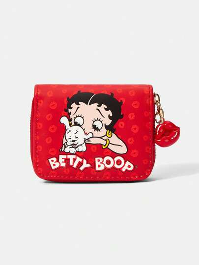 Betty Boop x SHEIN محفظة قصيرة أنيقة مطبوع عليها طبعة شفاه حمراء كبيرة وطبعة كلب