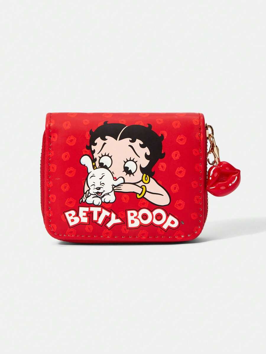 Betty Boop x SHEIN 1 Big Red Red Lip Dog Print Fashionable Short Wallet - Big red - View 1
