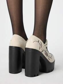 ROMWE Goth 女士休闲厚底粗跟高跟鞋，春秋季时尚纯色绒面革刺绣花卉图案玛丽珍高跟鞋，适合圣诞节Y2K风格 - 淺灰色 - 查看 5