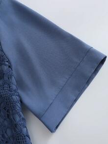 Lacomfia Blus Lengan Pendek Patchwork Renda Modis Longgar Nyaman Serbaguna Melangsingkan Elegan Kasual Ukuran Besar Warna Cokelat untuk Olahraga Musim Panas - Biru - View 5