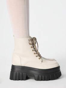 ROMWE Goth Women Heeled Sandals~ 2026 New Fashion Autumn And Winter Punk Style PU White British Style Riding Boots Inner Height-Increasing Muffin Thin Ankle Boots - White - View 4