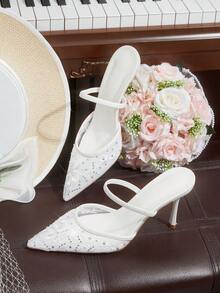 CUCCOO HITCHD Pointed Breathable Mesh Embroidery Rhinestone Hollow Fashion Elegant Temperament Versatile Sexy Fairy Banquet White High Heels - White - View 1