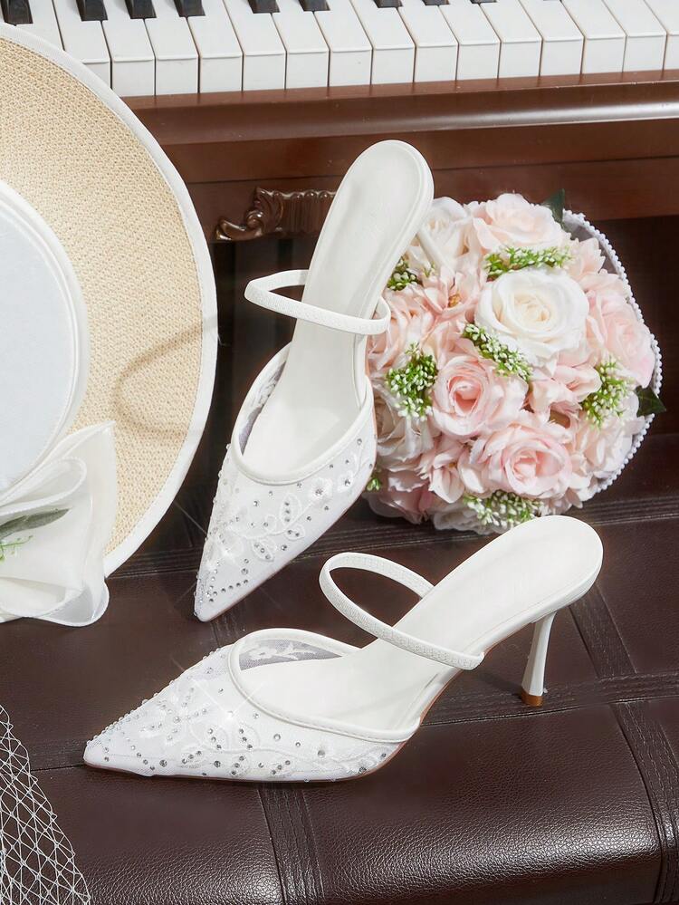 CUCCOO HITCHD Pointed Breathable Mesh Embroidery Rhinestone Hollow Fashion Elegant Versatile Sexy Fairy Banquet White High Heels Wedding Shoes Spring Shoes Bride Shoes