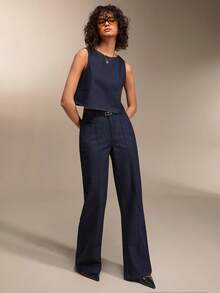 EURMUSE 女士牛仔两件套休闲时尚套装，高腰牛仔裤搭配牛仔上衣，深蓝色水洗修身款，纽扣闭合 - 深色水洗藍 - 查看 5