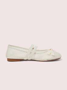 CUCCOO DOLLMOD Women's Beige Round Toe Mesh Mary Jane Flats With Bow & Metal Eyelets, Double Strap Casual Commuter Basic Vacation Shoes - Beige - View 3