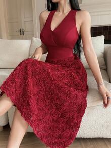Feyla Vestido midi sin mangas de unicolor elegante con flores 3D para mujer - Rojo - Ver 9