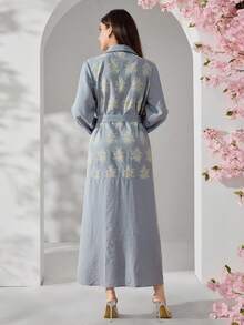 Veilorie 女士刺绣长袖单排扣阿拉伯风格连衣裙 - 灰色 - 查看 2