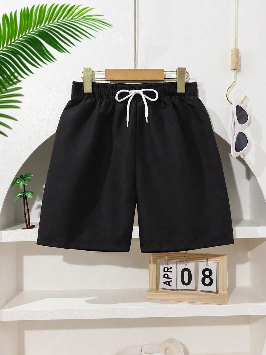 SHEIN Shorts de baño con cordón en la cintura de color liso para adolescentes - Negro - Ver 1
