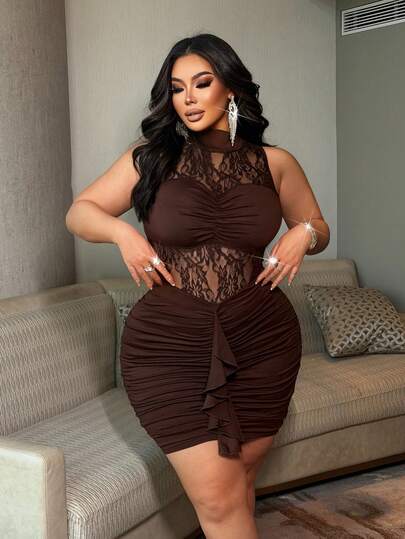 NU&NOW Plus Size Sexy Women's Sheer Lace Patchwork Hollow Out Front Bodycon High Neck Ruffle Waist Tight Dress, Versatile Design For Party, Music Festival, Casual, Beach, Date Night, Valentine's Day