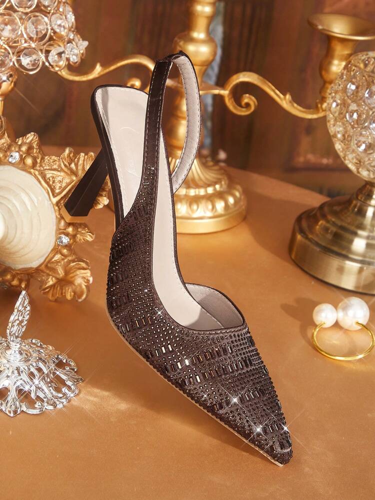 CUCCOO TILAWA Women Shoes Pointed Stiletto Brown Rhinestones Gorgeous Fashion Party Banquet Wedding Simple Women's High Heel Shoes Slingback Women's Shoes