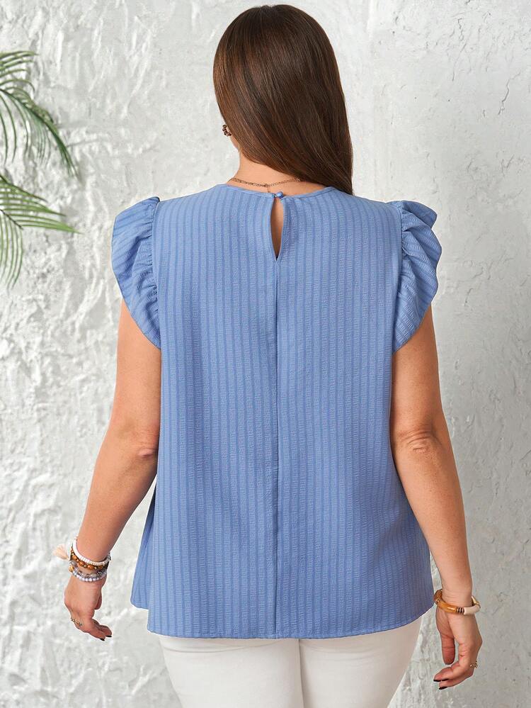 Plus Size Women Contrast Lace Striped Round Neck Cap Sleeve Top Women's Tops And Blouses Summer Tops For Women Elegant Boutique Tops For Women Latest Tops For Women New Arrivals Women's Tops For Summer Summer Outfits For Women Beach Outfit For Women Casual Vacation Outfits Women Country Concert Outfit Peplum