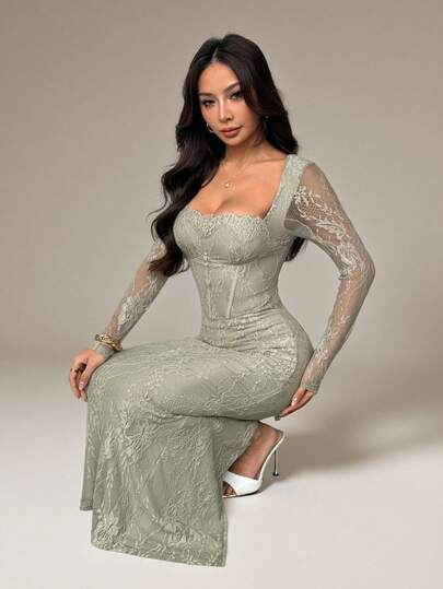 SHEIN PETITE Women's New Summer Party Date Evening Sexy S-Shaped Lace Long-Sleeved Breast Cup Fishbone Square Neck Tight Bodycon Black Maxi Dress