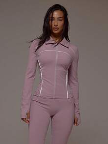 Musera Sport 翻领长款撞色罗纹 BBL 拉链夹克 运动健身健身房普拉提日常休闲烟晶色 - 淺灰紫 - 查看 5