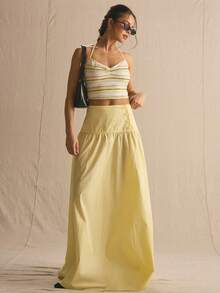 MUSERA Deep Button Detail Waistband Linen Maxi Skirt Spring Summer Cosy Cute Daily Girly Vacation Spring Casual Holiday - Light Yellow - View 1