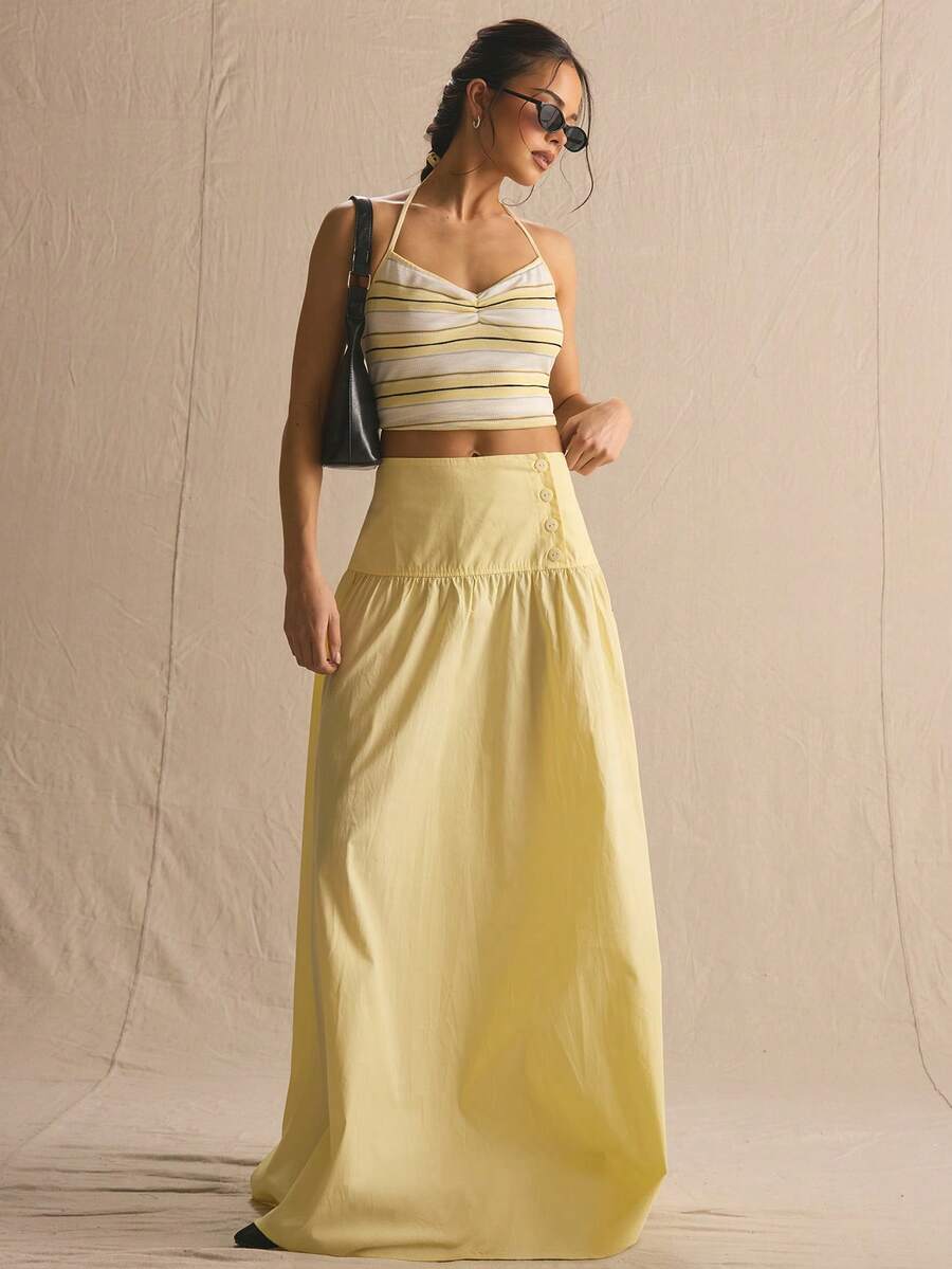MUSERA Deep Button Detail Waistband Linen Maxi Skirt Spring Summer Cosy Cute Daily Girly Vacation Spring Casual Holiday - Light Yellow - View 1