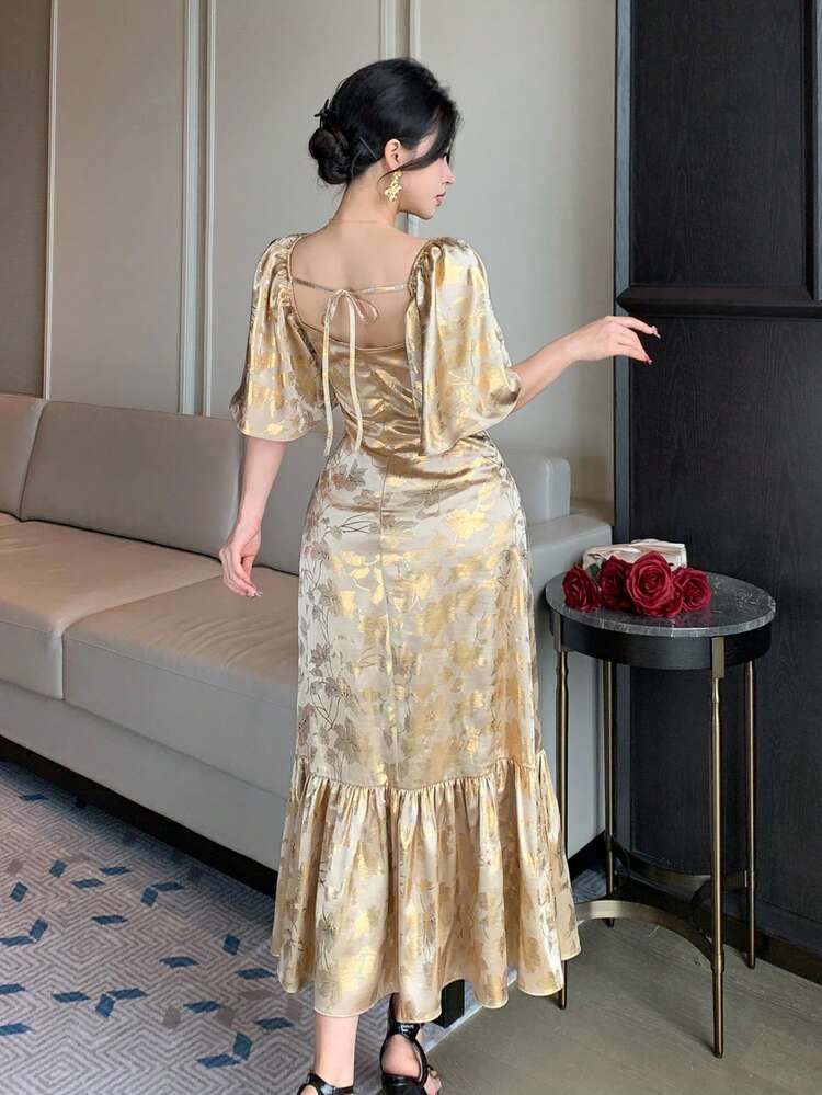Women's Elegant Floral Print Square Collar Ruffle Sleeve Mid-Length Dress, Summer,Wedding Guest Dress Women Maxi Dress Sundress