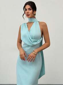 Firerie 女士优雅浪漫约会派对连衣裙，浅蓝绿色垂褶领口飘逸A字型度假长裙，婚礼宾客礼服，新款长裙，生日礼服，派对礼服，晚礼服，正式礼服 - 藍色 - 查看 4