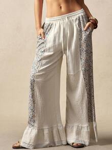 Bohemela Women's Casual Woven Print Patchwork Solid Color Loose Wide Leg Pants Vacations Women Summer For Women Holidays For Women White Pants Casual For Women Spring - Multicolor - View 2