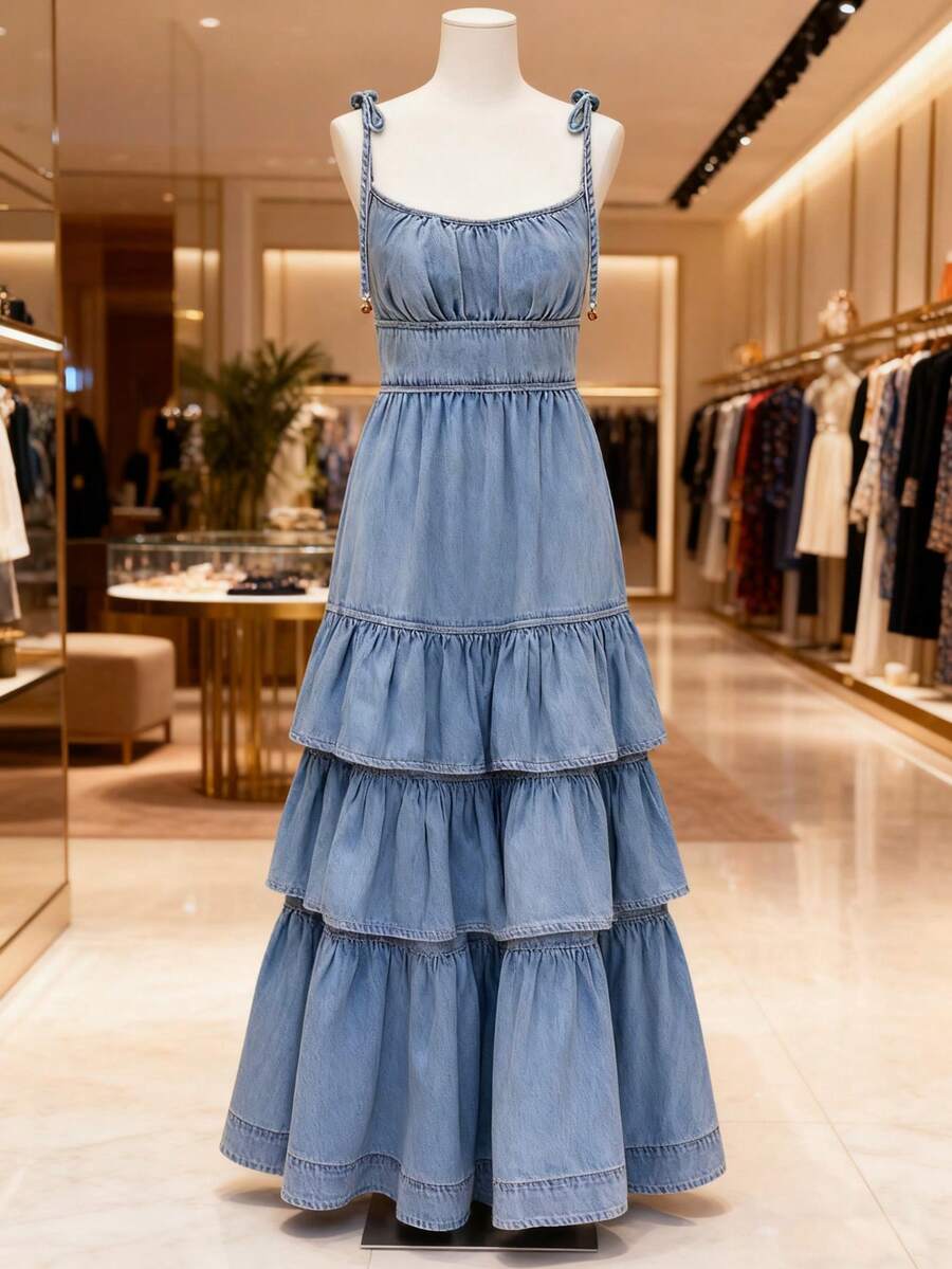 GlowEve 女士褶皱腰身优雅派对牛仔吊带裙 - 藍色 - 查看 1