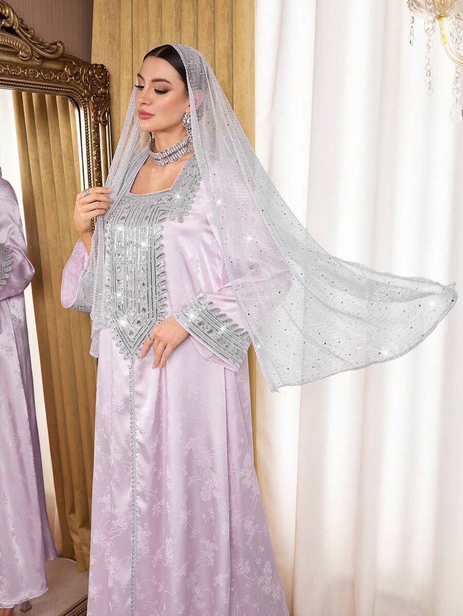 Al Najma Vestido casual de mujer con cuello cuadrado y estampado floral, adecuado para fiestas y salidas - Morado - Ver 1