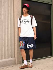 Men's Shorts, Urban Casual Solid Color Letter Print, Drawstring Waist Loose Relaxed Fit, Sports, Spring Summer - Navy Blue - View 9