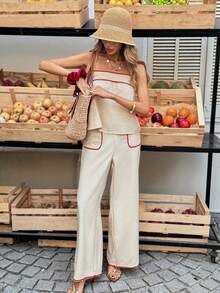 Selianne French Retro Style Women's Set, Strapless Camisole Top With Contrasting Ruffle Trim, Loose High Waist Pants With Pockets, Casual Vacation Wear For Summer - Apricot - View 7