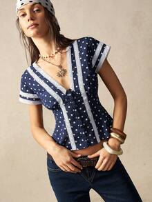 Bohemela Women's Navy Blue Polka Dot Summer Boho Vacation Blouse, French Style Lace Trim V-Neck Open Placket Jacquard Beachwear Music Festival Top - Blue - View 1