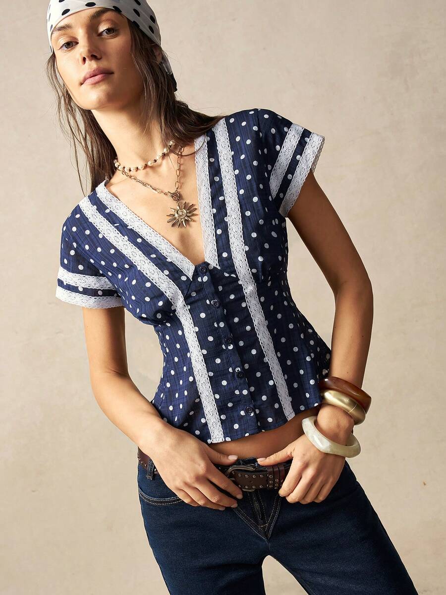 Bohemela Women's Navy Blue Polka Dot Summer Boho Vacation Blouse, French Style Lace Trim V-Neck Open Placket Jacquard Beachwear Music Festival Top - Blue - View 1