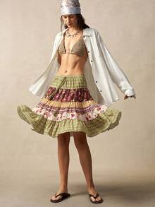 Bohemela 女士夏季休闲度假浪漫优雅法式海滩波西米亚乡村音乐节图案拼接细节流苏低腰A字中长塔裙，自由休闲的穿搭风格，适合海滩装、夏季度假装、婚礼宾客装、毕业季装。 - 彩色 - 查看 2