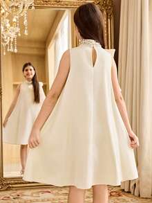 SHEIN Tween Girl Rhinestone Collar Sleeveless A-Line Dress,Oversized Bow Organza Decor Modest Formal Dress For Girls,Cream White,Summer,Elegant,Party - Apricot - View 11