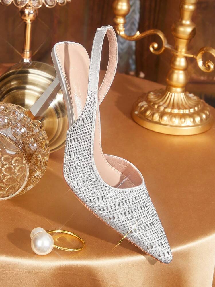 CUCCOO TILAWA Women Shoes Pointed Slender Heel Silver Rhinestone Gorgeous Fashion Party Banquet Wedding Simple Women's High Heel Shoes Slingback Women's Shoes