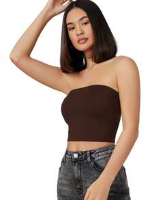 SHEIN BASICS 女士纯色休闲百搭日常穿搭抹胸上衣 - 咖啡棕 - 查看 4