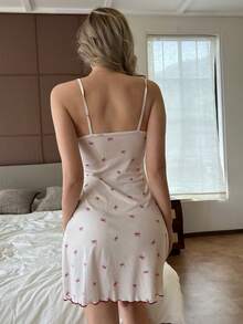 ZzzCrew 女士蕾丝边V领蝴蝶印花针织吊带睡裙，舒适休闲 - 酒紅色 - 查看 3