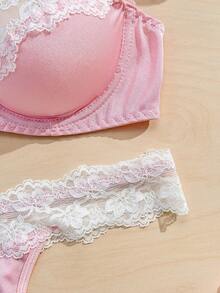 Women's Lingerie Set, Pink Fabric & White Lace Trim, Underwire, Bow Accent, Suitable For Vacation, Party, Sweet PetitDoll Style - Pink - View 5