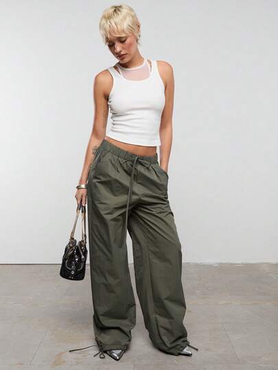 COUREZ 低腰尼龙降落伞裤/Y2K春季女装可爱街头风宽松长裤适合外出派对锐舞节夏季下装松紧腰夏季穿搭