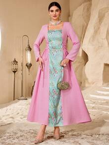 Al Najma 女士印花腰带长袖优雅阿拉伯风格连衣裙 - 粉色 - 查看 3