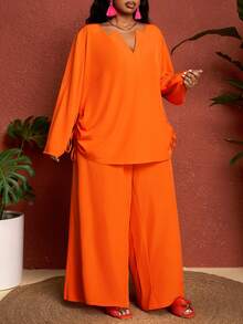 SHEIN CURVE+ Kích cỡ US22 (dành cho người có thân hình đầy đặn) Lễ hội âm nhạc, Kỳ nghỉ bên bờ biển, Phong cách Bohemia Bộ 2 món áo tay dài cổ bẻ màu trơn, trang phục phương Tây dành cho nữ - trái cam - Xem 3