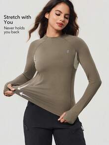 OutZeal Women Sports Tees Running Gym Wear Quick Dry Moisture Wicking Long Sleeve Round Neck Mesh Design Active Tops - Army Green - View 3