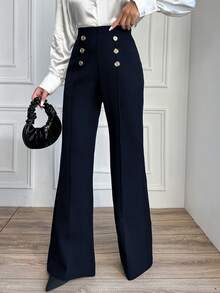 EURMUSE Ladies' Solid Color Double Breasted Flared Pants - Navy Blue - View 5