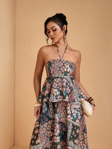 JIAN LASALA Áo maxi dáng chữ A rộng rãi, không tay, cổ yếm, buộc dây, in họa tiết toàn thân, kiểu boho dành cho nữ. - Nhiều màu - Xem 6