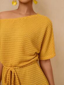 Lyxana Women's Jacquard Knit Asymmetrical Shoulder Cinched Waist Romper - Yellow - View 5