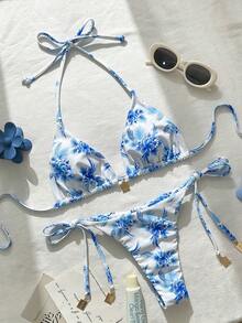 Swim Vcay Bộ bikini nữ gồm dây chuyền in họa tiết ngẫu nhiên, trang sức kim loại, thích hợp cho mùa xuân/hè. - Nhiều màu - Xem 4