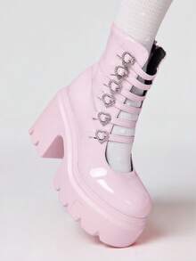 ROMWE Kawaii 女士高跟凉鞋~ 2026 新款春秋朋克风粉色 PU 圆头女鞋粗跟防水桌高跟鞋爱心交叉带时尚靴 - 粉色 - 查看 5