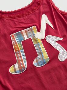 ROMWE Kawaii Summer Casual Music Note Embroidered Lace Trim Camisole - Grey - View 4