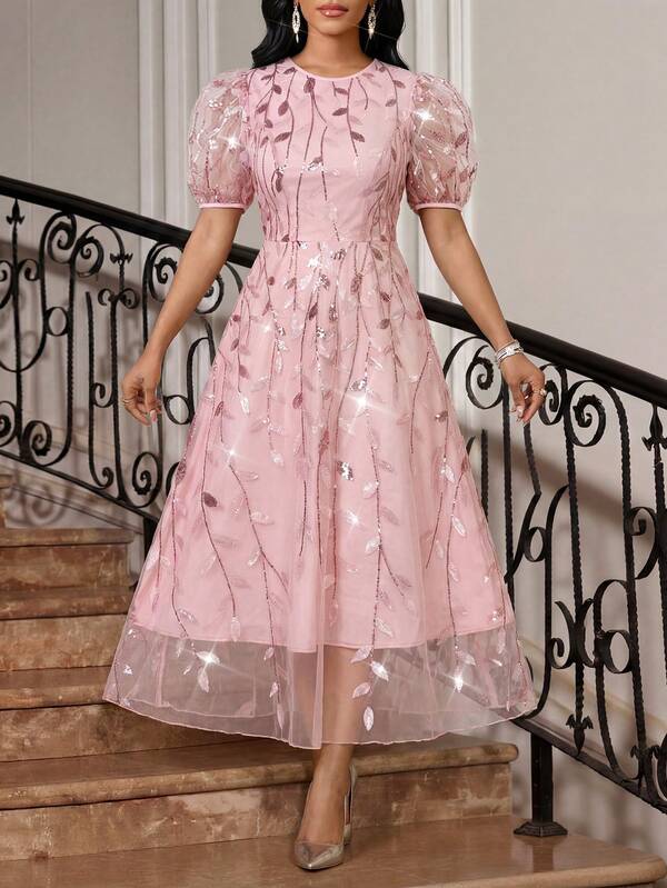 SHEIN Lady שמלת מידי אלגנטית עם רקמת נצנצים לנשים, קיץ