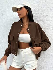 SHEIN Cottnline Cotton Women's Woolen Short Jacket With Baseball Collar - Coffee Brown - View 3