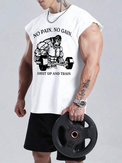 GymBeat Camiseta de tirantes casual de fitness y deportes con eslogan y estampado de estrella para hombre