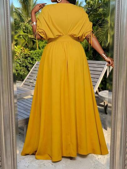 SHEIN Lady CURVE Plus Size Women Deep V-Neck Ruched Waist Elegant Party Dress  Summer Spring Summer Outfits For Women  Spring Outfit  Summer Dress Spring Dress  Festival Outfits For Women    Beach  Beach Outfit For Women Beach Dress  Vacation Outfits Women  Vacation   Holiday