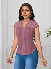 Lunelith SHEIN Lunessa Blus Wanita Lengan Pendek Bergaris Gelombang dengan Motif Renda Elegan - Dusty Pink - View 7